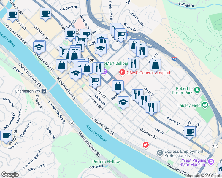 map of restaurants, bars, coffee shops, grocery stores, and more near 2 Arlington Ct in Charleston