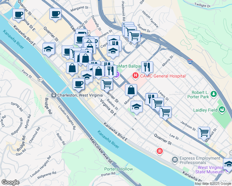 map of restaurants, bars, coffee shops, grocery stores, and more near 1205 Quarrier Street in Charleston