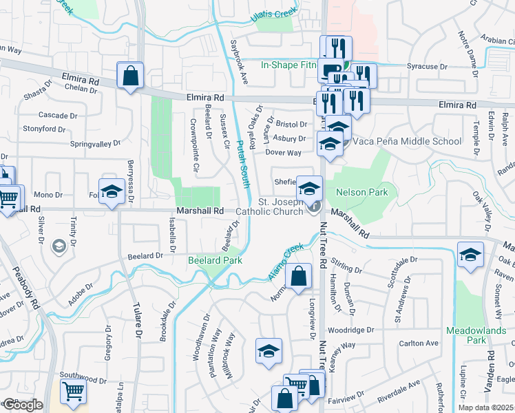 map of restaurants, bars, coffee shops, grocery stores, and more near 474 Royal Oaks Drive in Vacaville