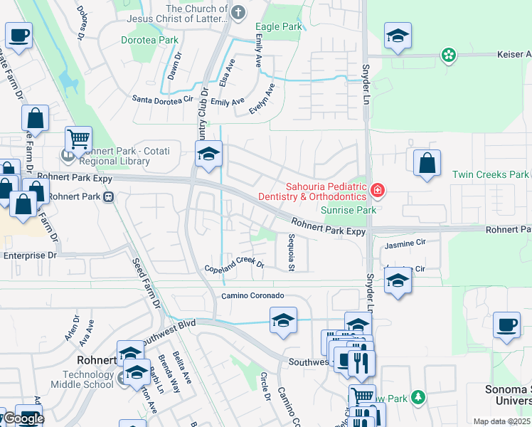 map of restaurants, bars, coffee shops, grocery stores, and more near 1084 Civic Center Drive in Rohnert Park