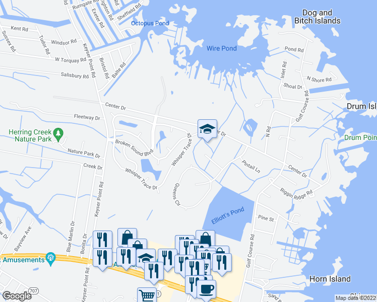 map of restaurants, bars, coffee shops, grocery stores, and more near 12613 Whisper Trace Drive in Ocean City