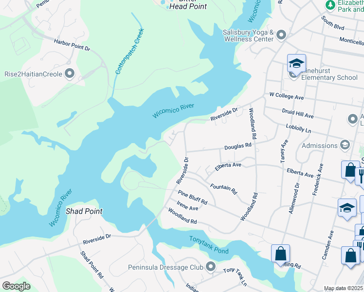 map of restaurants, bars, coffee shops, grocery stores, and more near 1202 Riverside Drive in Salisbury