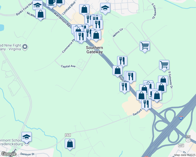 map of restaurants, bars, coffee shops, grocery stores, and more near 655 Warrenton Road in Fredericksburg