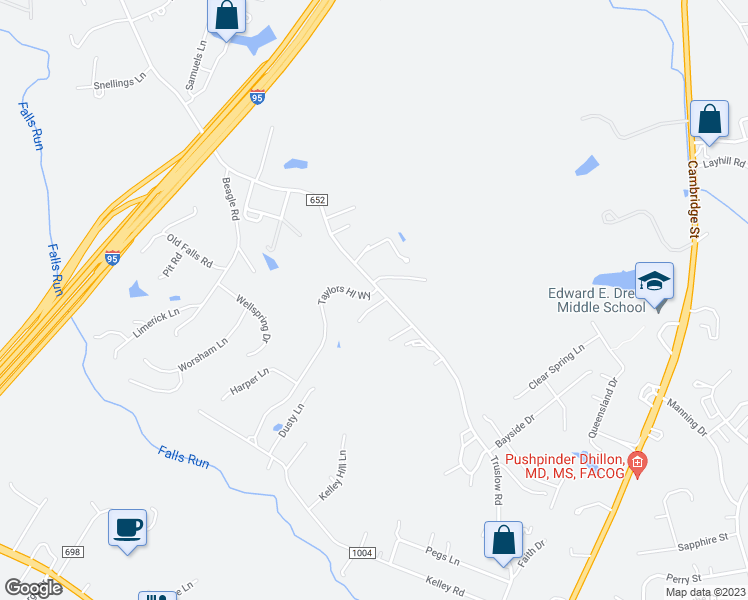 map of restaurants, bars, coffee shops, grocery stores, and more near 5 Taylors Hill Way in Fredericksburg