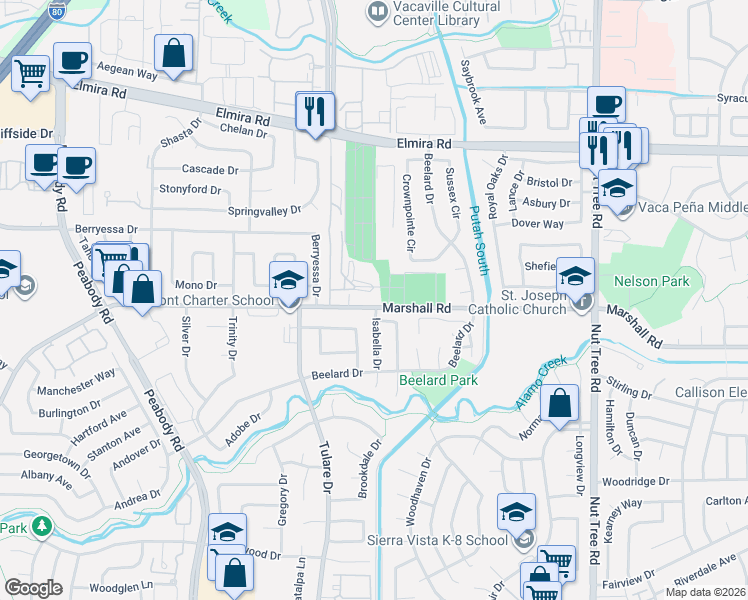 map of restaurants, bars, coffee shops, grocery stores, and more near 513 Mathews Drive in Vacaville