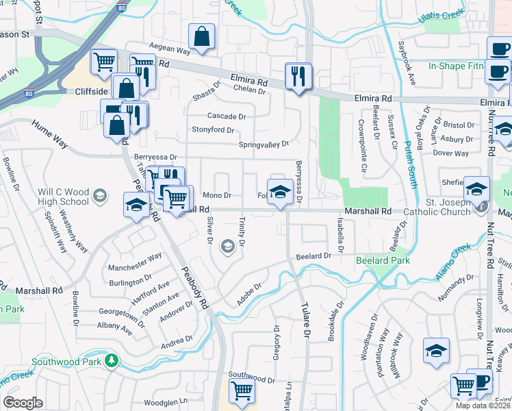 map of restaurants, bars, coffee shops, grocery stores, and more near 1307 Marshall Road in Vacaville
