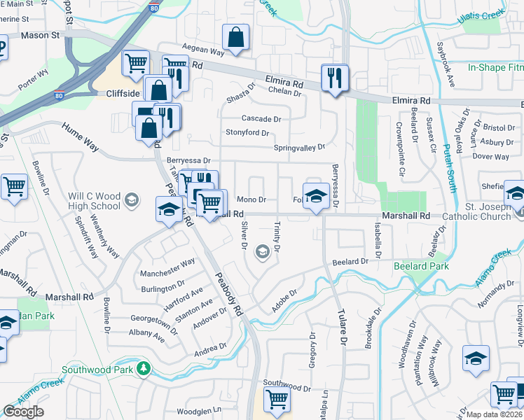map of restaurants, bars, coffee shops, grocery stores, and more near 548 Trinity Court in Vacaville