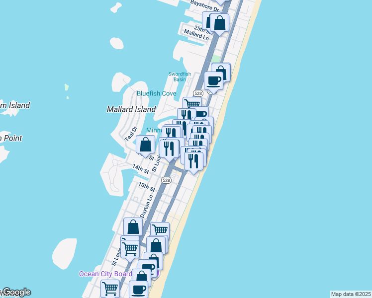 map of restaurants, bars, coffee shops, grocery stores, and more near in Ocean City