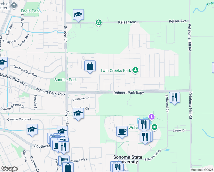map of restaurants, bars, coffee shops, grocery stores, and more near 5213 Kim Place in Rohnert Park