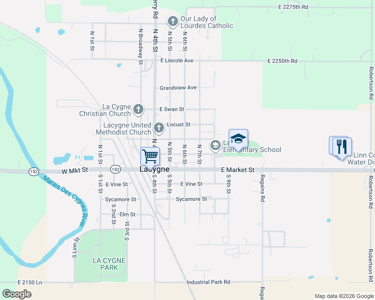 map of restaurants, bars, coffee shops, grocery stores, and more near 613 East Walnut Street in LaCygne