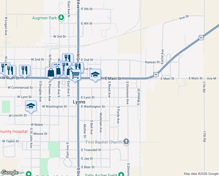 map of restaurants, bars, coffee shops, grocery stores, and more near 201 South Reed Avenue in Lyons