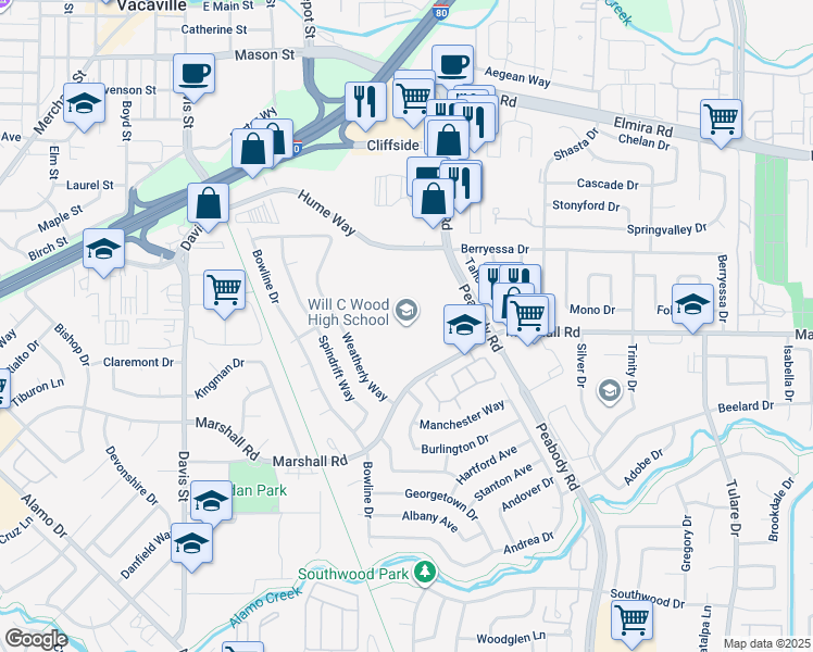 map of restaurants, bars, coffee shops, grocery stores, and more near 998 Marshall Road in Vacaville