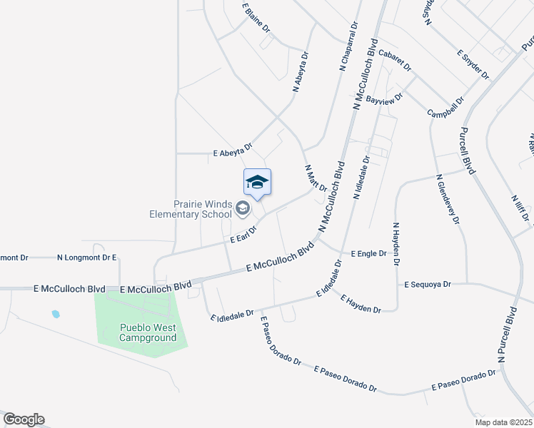 map of restaurants, bars, coffee shops, grocery stores, and more near 597 East Earl Drive in Pueblo West