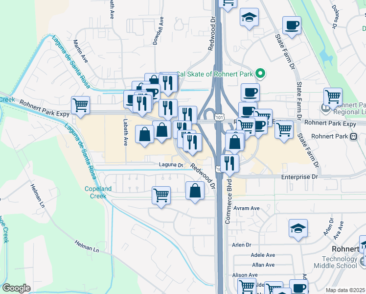 map of restaurants, bars, coffee shops, grocery stores, and more near 6425 Redwood Drive in Rohnert Park