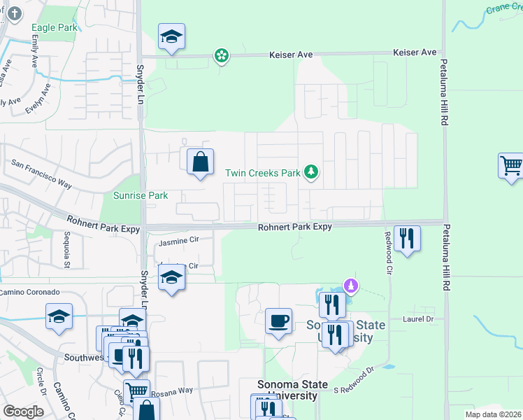 map of restaurants, bars, coffee shops, grocery stores, and more near 1809 Kelly Place in Rohnert Park