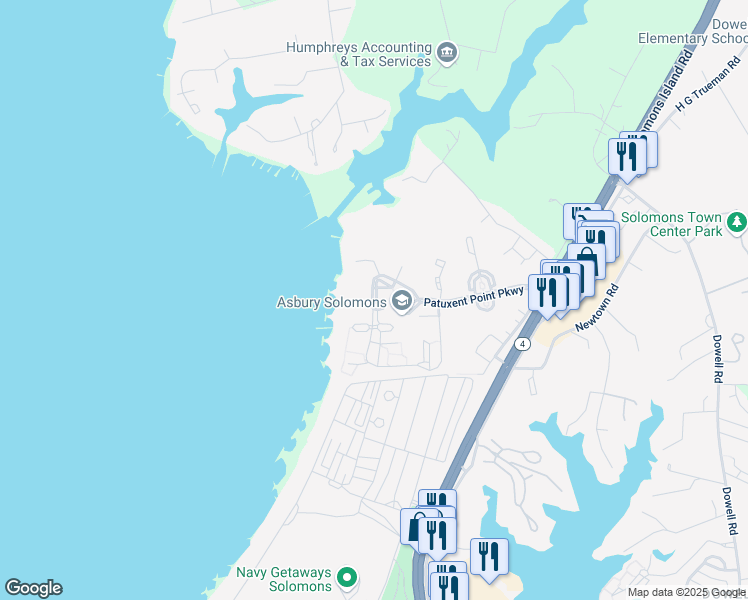 map of restaurants, bars, coffee shops, grocery stores, and more near 11100 Asbury Circle in Solomons