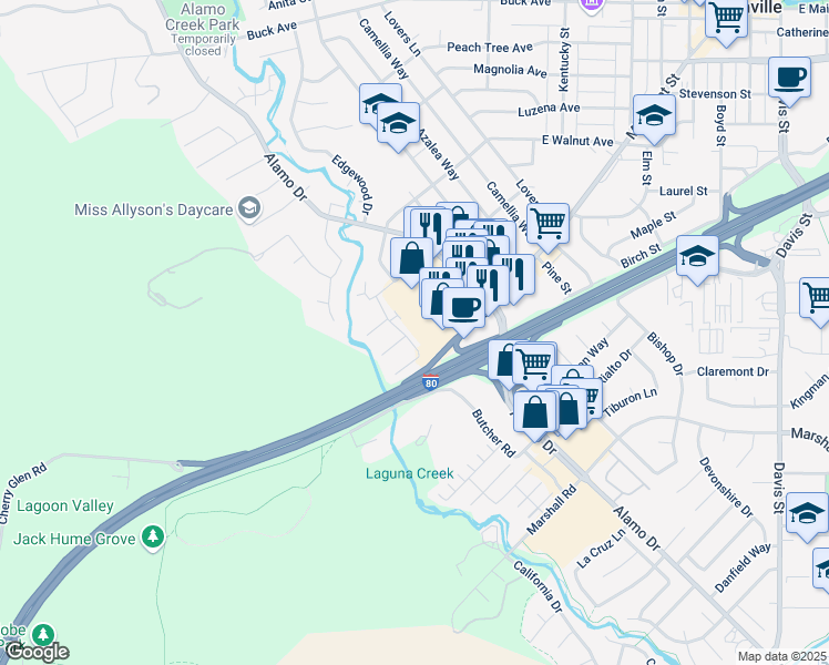 map of restaurants, bars, coffee shops, grocery stores, and more near 145 Fairoaks Drive in Vacaville