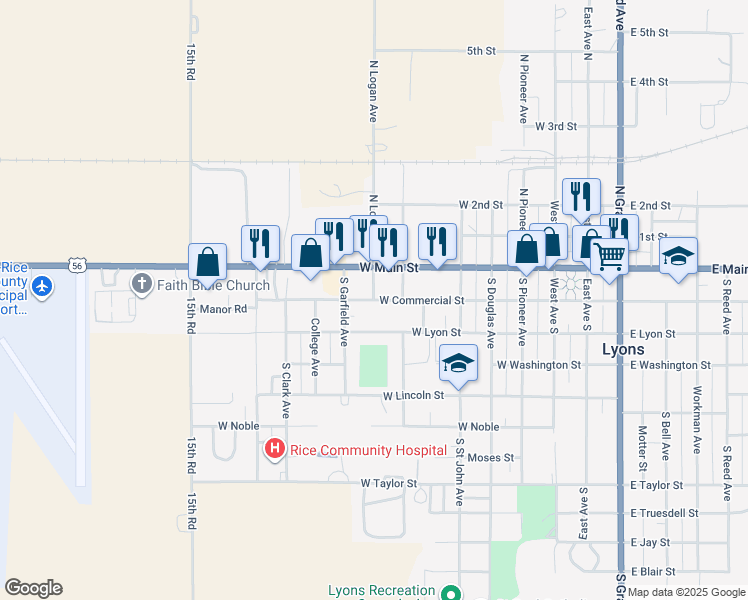 map of restaurants, bars, coffee shops, grocery stores, and more near 117 South Logan Avenue in Lyons