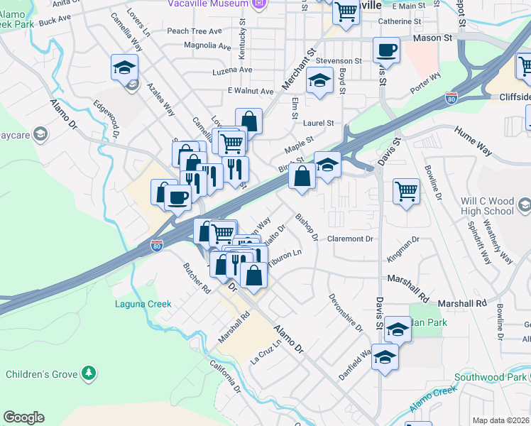 map of restaurants, bars, coffee shops, grocery stores, and more near 425 Ogden Way in Vacaville