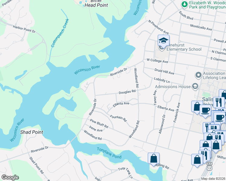 map of restaurants, bars, coffee shops, grocery stores, and more near 614 Douglas Road in Salisbury