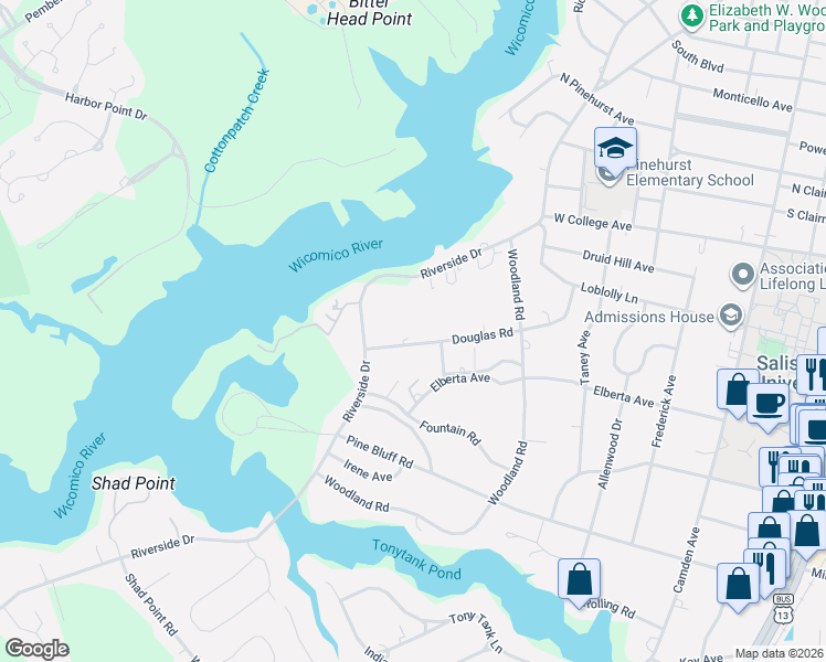 map of restaurants, bars, coffee shops, grocery stores, and more near 614 Douglas Road in Salisbury