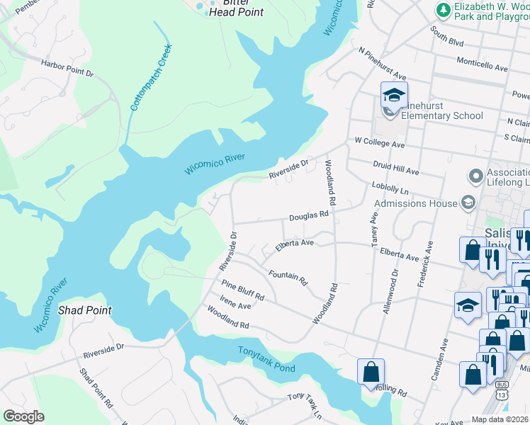 map of restaurants, bars, coffee shops, grocery stores, and more near 614 Douglas Road in Salisbury