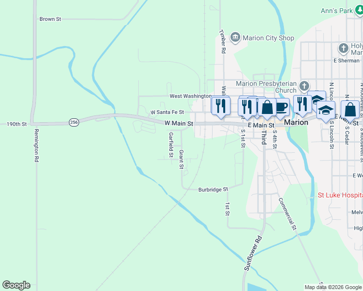 map of restaurants, bars, coffee shops, grocery stores, and more near 311 Grant St in Marion