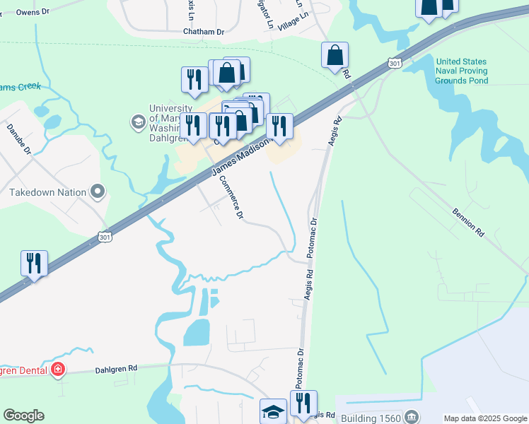 map of restaurants, bars, coffee shops, grocery stores, and more near 16539 Commerce Drive in King George