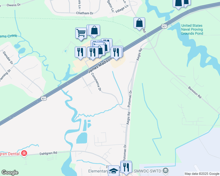 map of restaurants, bars, coffee shops, grocery stores, and more near 16539 Commerce Drive in King George