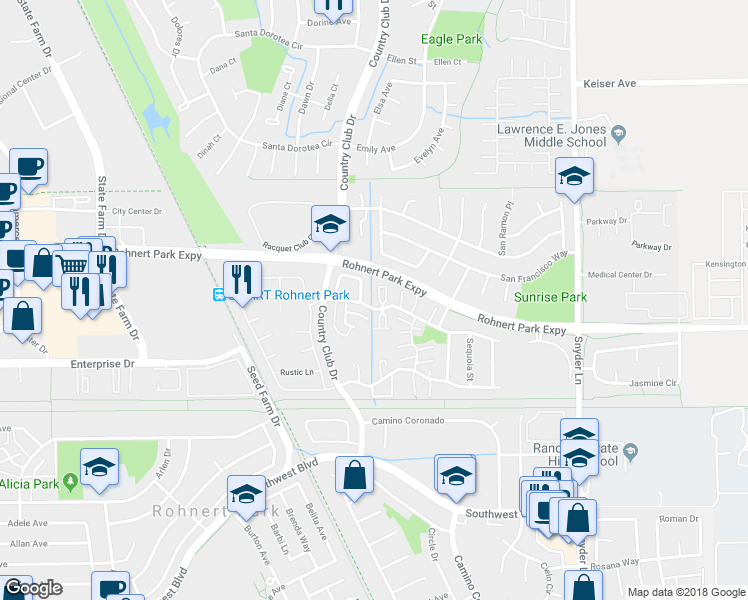 map of restaurants, bars, coffee shops, grocery stores, and more near 29 Conifer Square in Rohnert Park