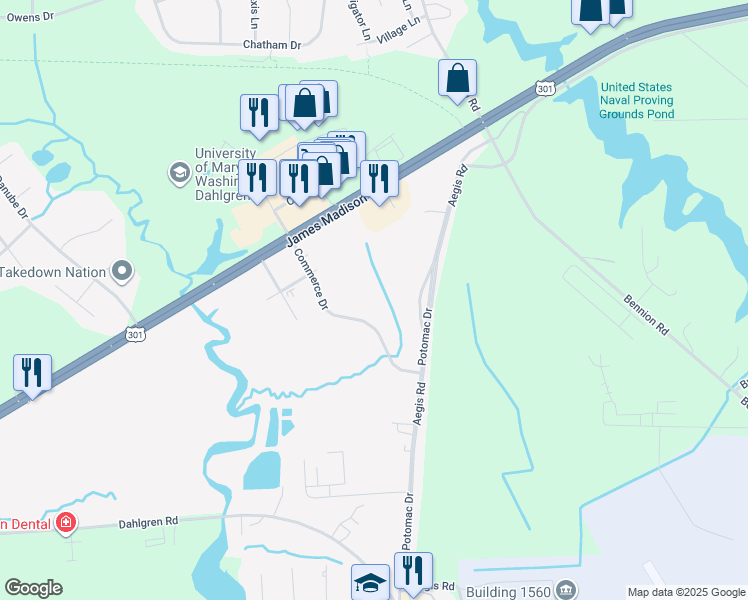 map of restaurants, bars, coffee shops, grocery stores, and more near 16541 Commerce Drive in King George