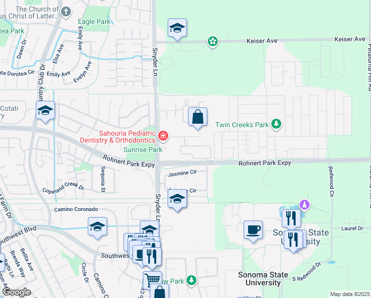map of restaurants, bars, coffee shops, grocery stores, and more near 1350 Oak View Circle in Rohnert Park