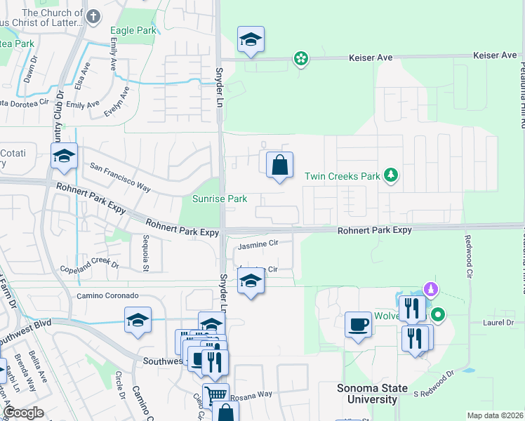 map of restaurants, bars, coffee shops, grocery stores, and more near 1350 Oak View Circle in Rohnert Park