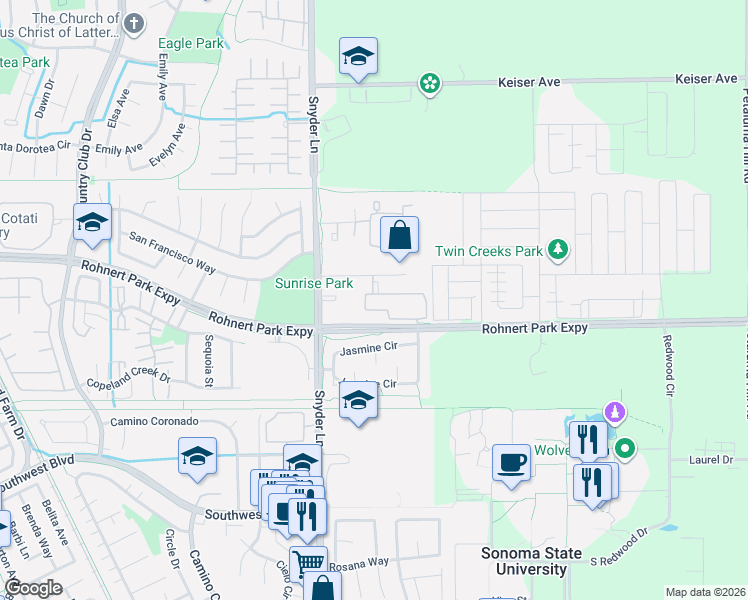 map of restaurants, bars, coffee shops, grocery stores, and more near 1350 Oak View Circle in Rohnert Park