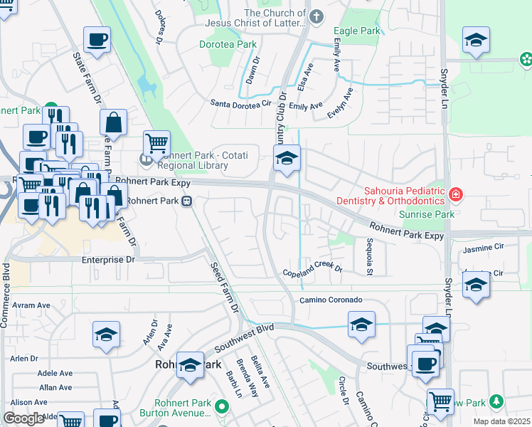 map of restaurants, bars, coffee shops, grocery stores, and more near Country Club Dr & Civic Center Dr in Rohnert Park