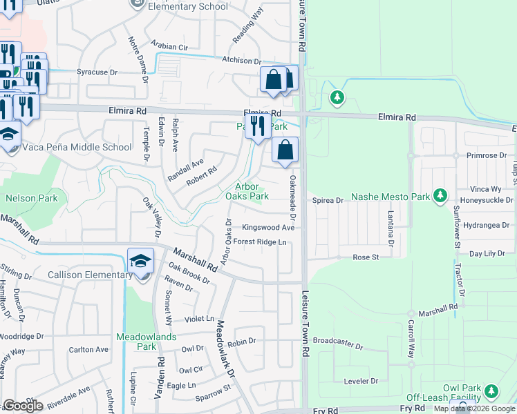 map of restaurants, bars, coffee shops, grocery stores, and more near 142 Oakmeade Court in Vacaville