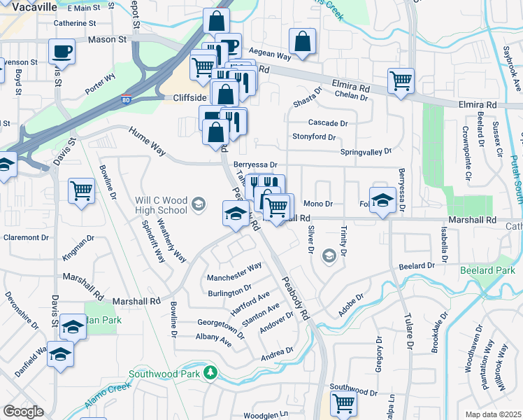 map of restaurants, bars, coffee shops, grocery stores, and more near 166 Tahoe Drive in Vacaville