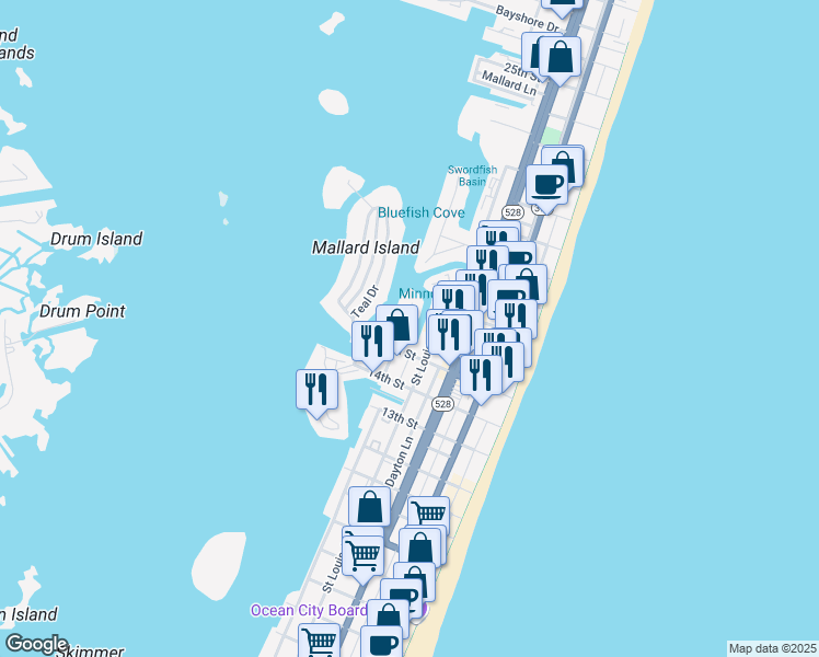 map of restaurants, bars, coffee shops, grocery stores, and more near 1515 Shad Row in Ocean City