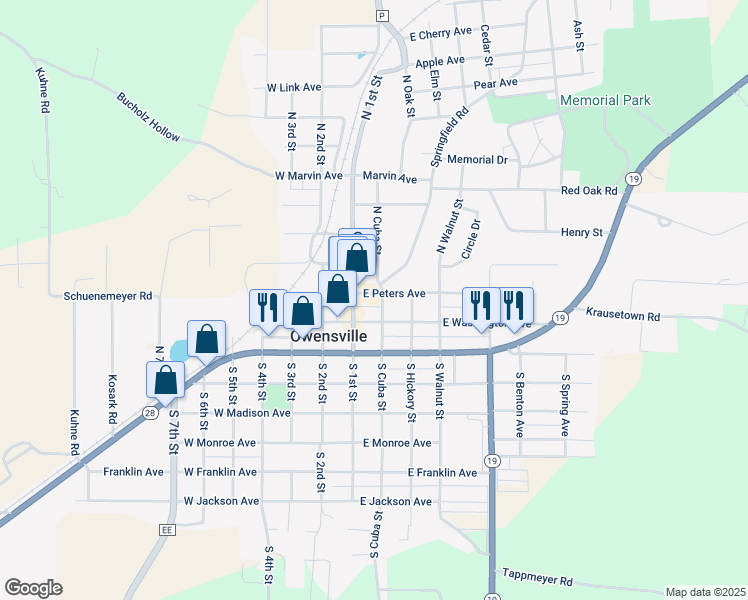 map of restaurants, bars, coffee shops, grocery stores, and more near 107 North 1st Street in Owensville