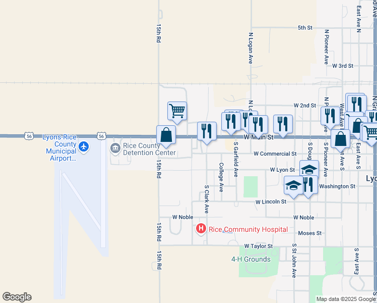 map of restaurants, bars, coffee shops, grocery stores, and more near 1014 West Main Street in Lyons
