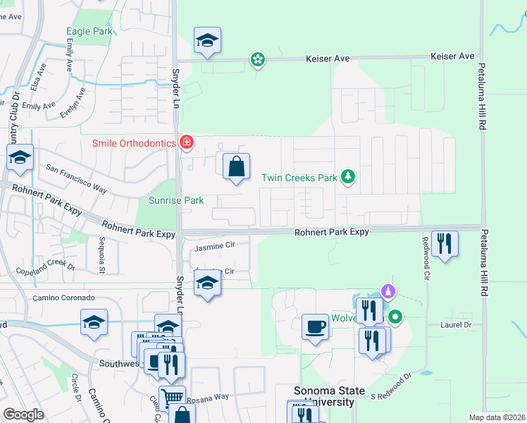 map of restaurants, bars, coffee shops, grocery stores, and more near 5132 Kevin Place in Rohnert Park