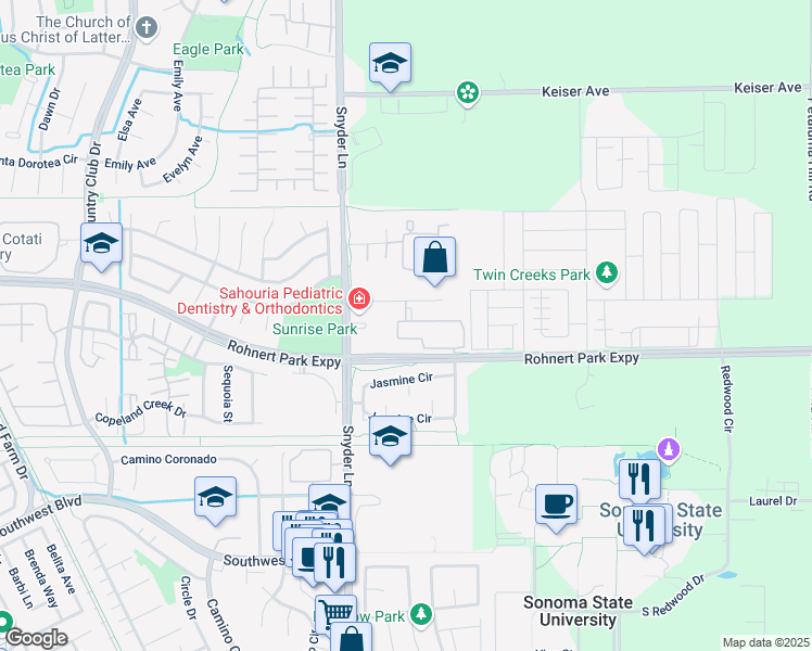 map of restaurants, bars, coffee shops, grocery stores, and more near 1350 Medical Center Drive in Rohnert Park