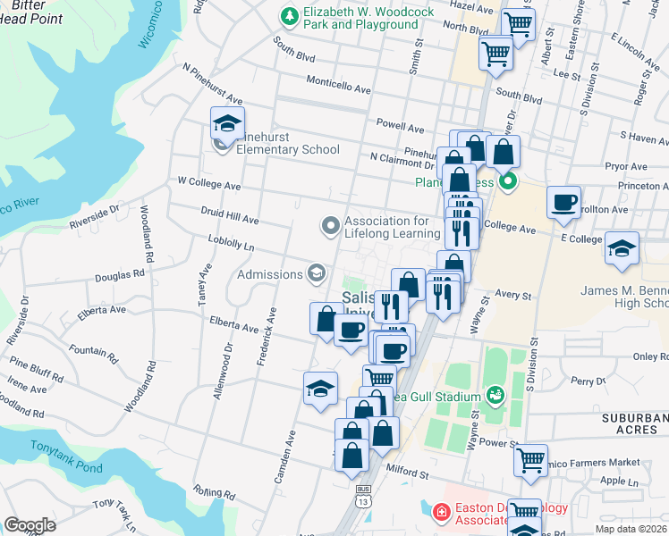 map of restaurants, bars, coffee shops, grocery stores, and more near 1101 Camden Avenue in Salisbury