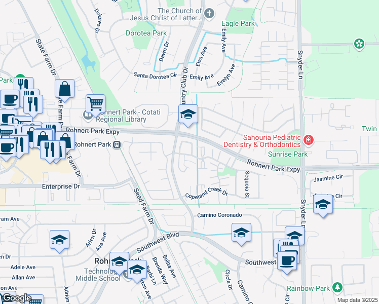 map of restaurants, bars, coffee shops, grocery stores, and more near 943 Civic Center Drive in Rohnert Park