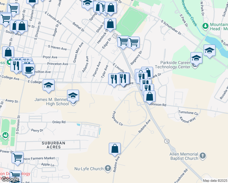 map of restaurants, bars, coffee shops, grocery stores, and more near 712 East College Avenue in Salisbury