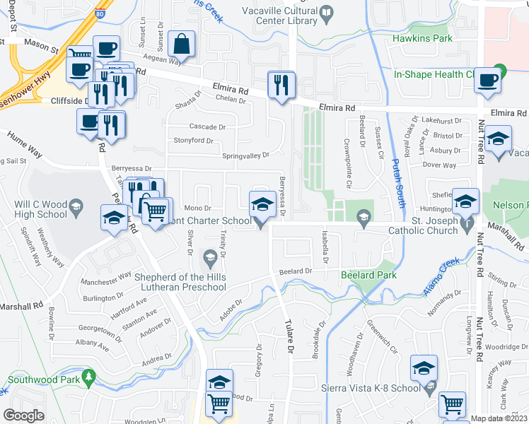 map of restaurants, bars, coffee shops, grocery stores, and more near 391 Folsom Drive in Vacaville