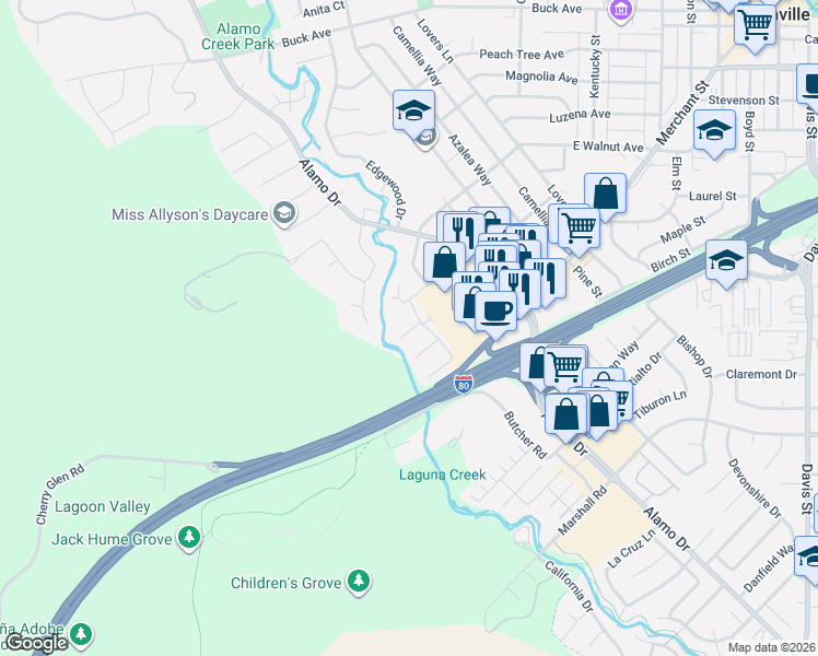 map of restaurants, bars, coffee shops, grocery stores, and more near 911 El Camino Avenue in Vacaville