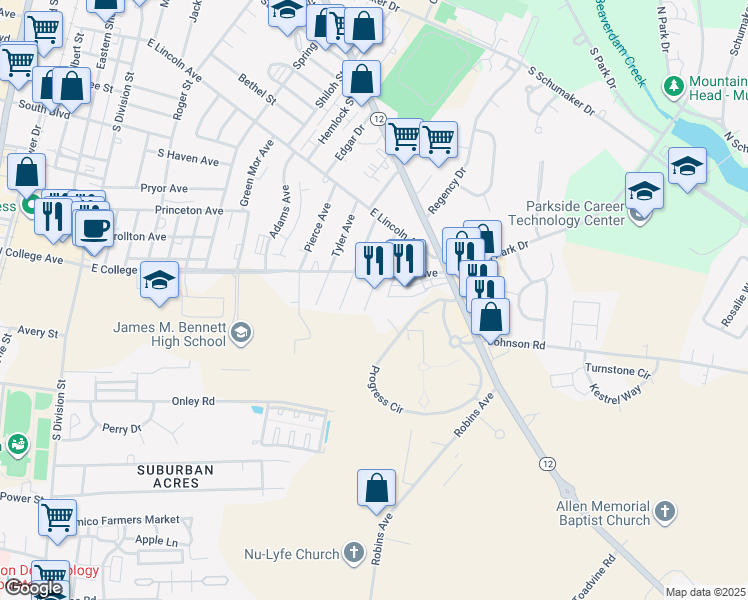 map of restaurants, bars, coffee shops, grocery stores, and more near 712 East College Avenue in Salisbury