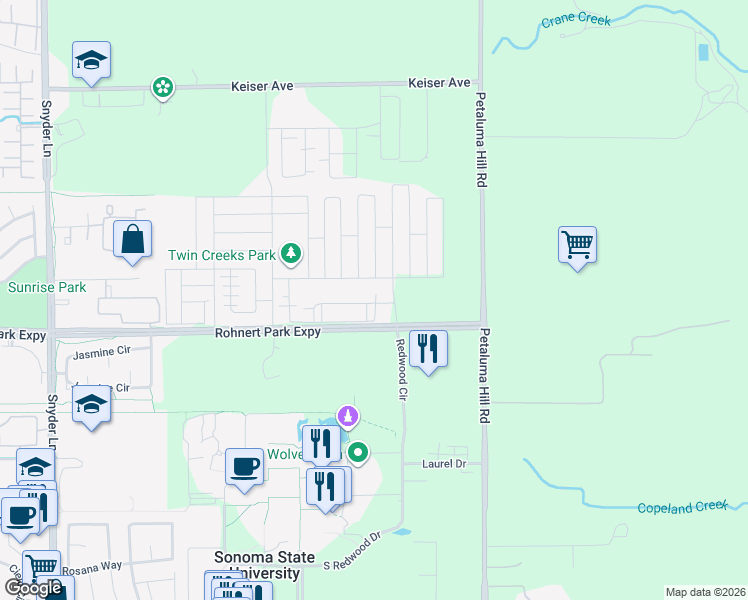map of restaurants, bars, coffee shops, grocery stores, and more near 2169 Kingwood Road in Cotati