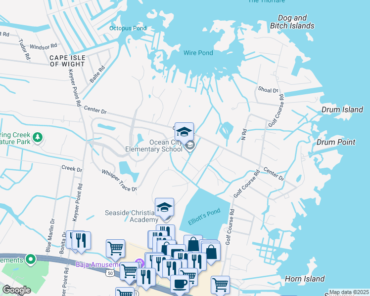 map of restaurants, bars, coffee shops, grocery stores, and more near 12828 Center Drive in Ocean City
